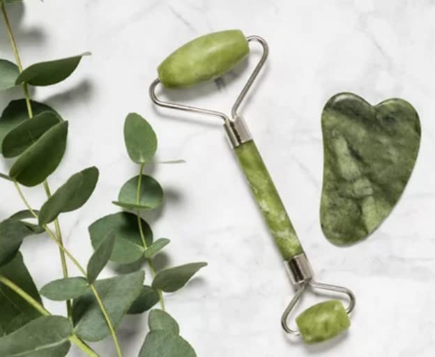 Marble Jade Roller & GUA SHA Boxed Set & 1 Kabuki Brush- Glow Boosting, De-Puffing, Deep Moisture Massage, Lifting & Tightening (1 Set) 1 Set - BeesActive Australia