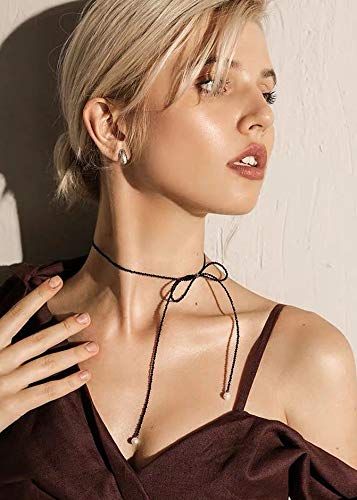 Kercisbeauty Black Rice Beads Choker Bow Necklace with Pearl for Women and Girls Statement Jewelry - BeesActive Australia