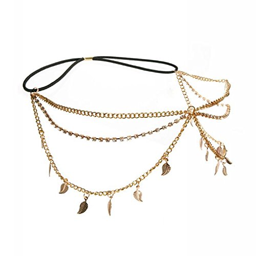 Edary Boho Leaf Tassel Head Chain Crystal Headband Gold Jewelry Hair Accessory for Women or Girls - BeesActive Australia