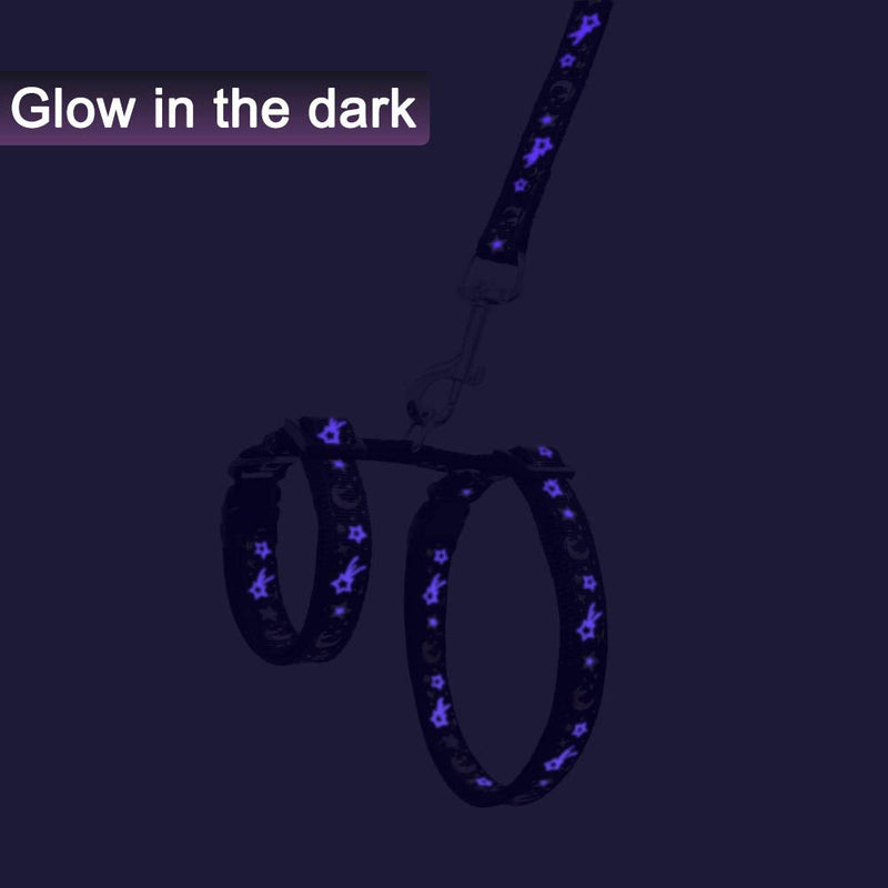 Cat Harness and Leash Set for Outdoor Walking Escape Proof Adjustable Soft Safety Strap with Golden Star and Moon Design Glow in The Dark Black L - BeesActive Australia