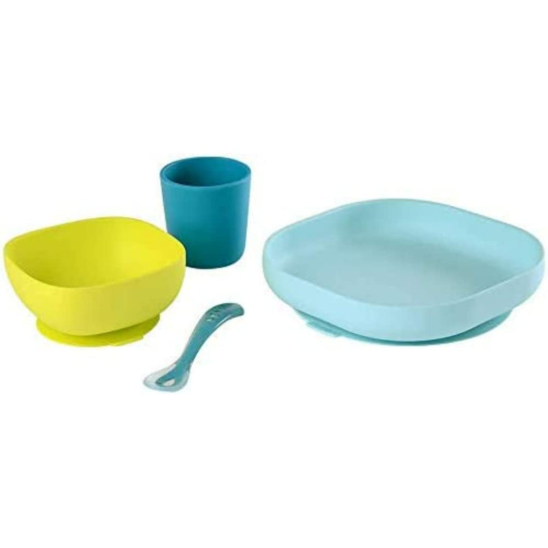 Béaba - Silicone Feeding Meal Set - Set of 4 Pieces : Plate + Bowl + Cup + Spoon - Silicone with Strong Suction pad - Baby and Children - Blue - BeesActive Australia
