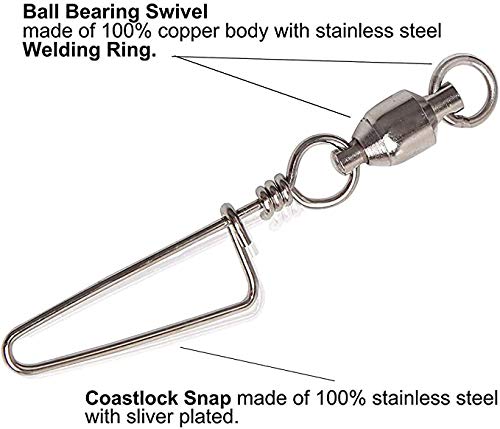OKVYN High Strength Fishing Ball Bearing Swivel with Coastlock Snap Welded Ring Saltwater Standard High Strength 100% Copper & Stainless Steel style A #8+8 (188lb) 20/Pack - BeesActive Australia
