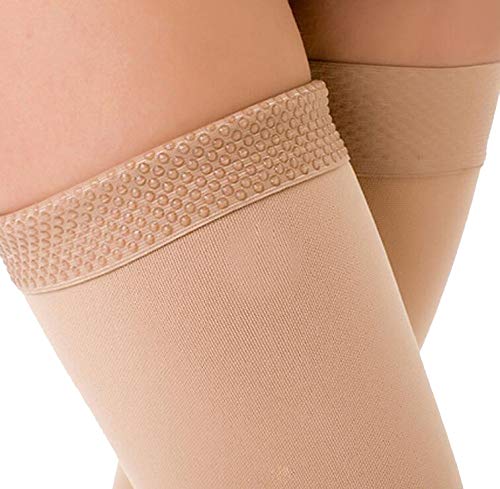 Thigh High Compression Stockings, Opaque, Firm Support 15-20 mmHg Gradient Compression with Silicone Band, TOFLY® Open Toe Compression Stockings, Treatment Swelling, Varicose Veins, Edema, Beige M 15-20mmhg Beige - BeesActive Australia