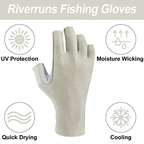 [AUSTRALIA] - Riverruns Fingerless Fishing Gloves- Fishing Sun Gloves- UV Protection Gloves Men and Women Fishing, Boating, Kayaking, Hiking, Running, Cycling and Driving. Light Gray Medium 