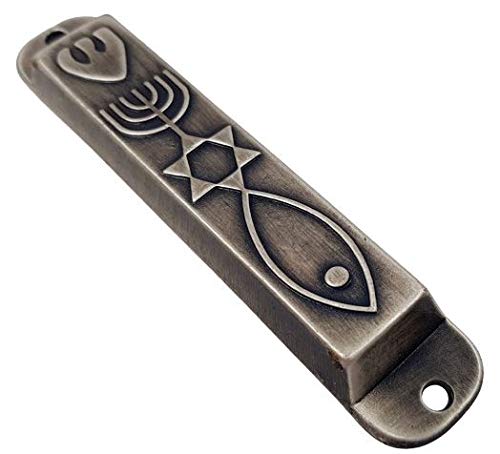TALISMAN4U Pewter Messianic Mezuzah Case with Scroll for Door 3D Menorah Messianic Seal 10 cm / 4 Inch - BeesActive Australia