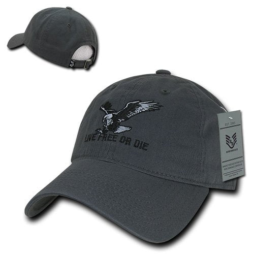 Rapiddominance Relaxed Graphic Cap with Live Free or Die, Dark Grey - BeesActive Australia