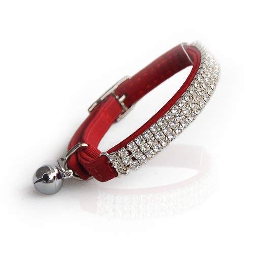 DAIXI Adjustable Cat Collar Soft Velvet Safe Collars Bling Diamante with Bells Red - BeesActive Australia