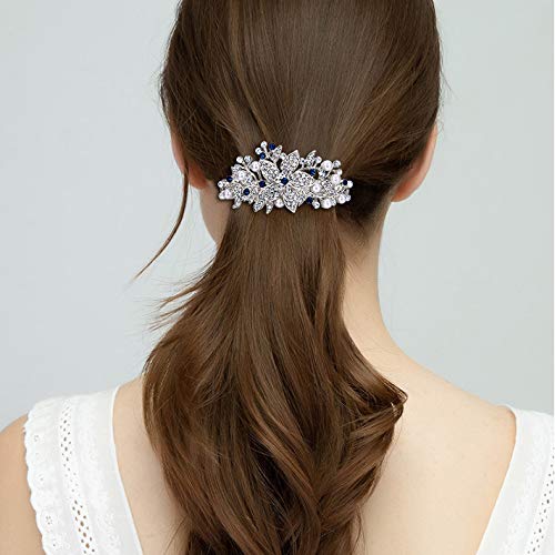 EVER FAITH Austrian Crystal Bridal Hibiscus Cream Simulated Pearl Hair Clip Barrette Silver-Tone Blue - BeesActive Australia