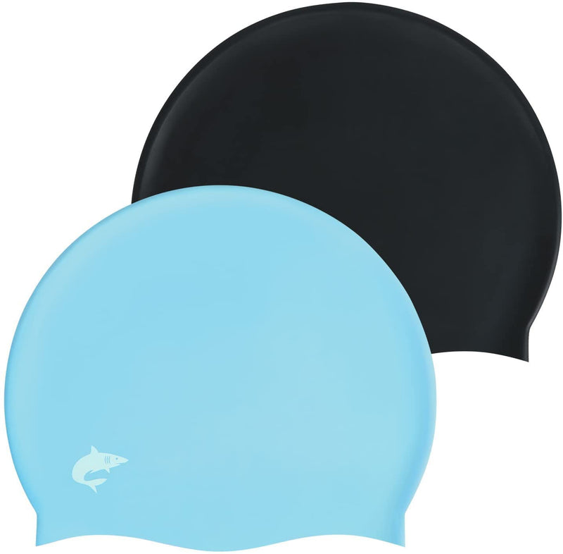 Silicone Swim Caps for Long Hair, 2PCS Cover Ears Swimming Caps for Adult Youths, Flexible Waterproof Swimming Caps for Men Women, Black+Blue - BeesActive Australia