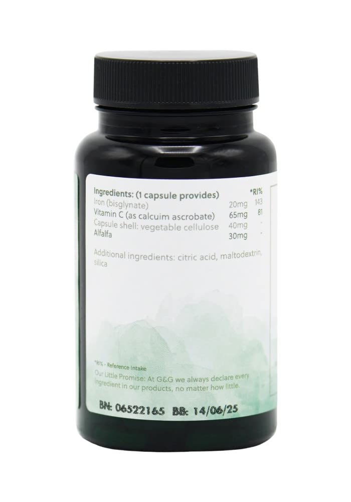 G&G Vitamins Iron (bisglycinate) 20mg - 60 Vegan Capsules - Chelated Iron with Vitamin C - BeesActive Australia
