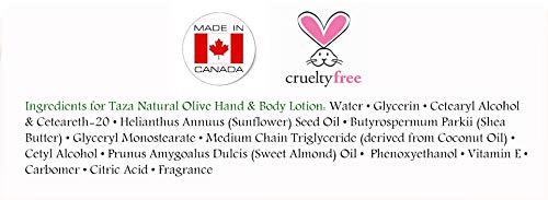 Premium Taza Natural Olive Hand & Body Lotion, 16 fl oz (473 ml) ♦ Leaves Your Skin Smooth, Soft & Glowing ♦ Contains: Sunflower Seed Oil, Shea Butter, Coconut Oil, Sweet Almond Oil - BeesActive Australia