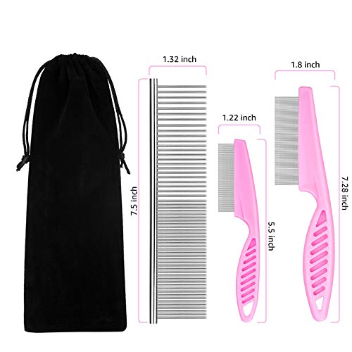 BENSEAO Flea Comb for Cats Dog Comb Lice Comb Metal Teeth Durable Tear Stain Dog Combs Remove Float Hair Combing Tangled Hair Dandruff Pet Comb Grooming Set 3 Pieces Add Storage Pouch (Pink) Pink - BeesActive Australia