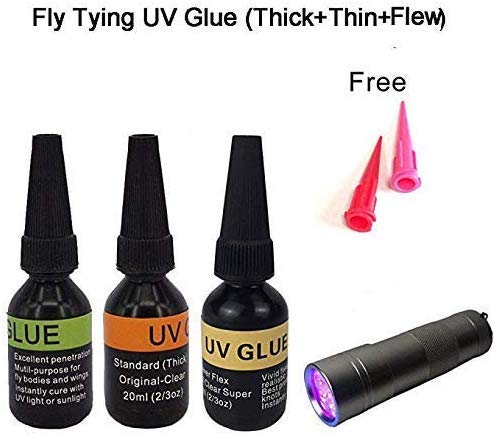 Riverruns UV Clear Glue Three Formula Thick,Thin and Super Flew +12 LED UV Power Light Fly Tying for Building Flies Flies Heads Bodies and Wings Tack Free UV glue combo - BeesActive Australia