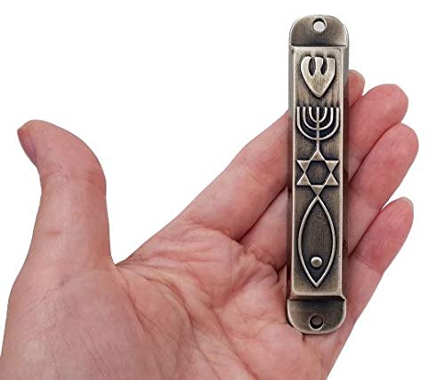 TALISMAN4U Pewter Messianic Mezuzah Case with Scroll for Door 3D Menorah Messianic Seal 10 cm / 4 Inch - BeesActive Australia