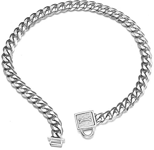 Aiyidi Dog Chain Collar Silver Stainless Steel Cuban Link Collar Width 11/15/19mm with Rhinestone Safety Buckle Dog tag Dog Bell Chew-Proof Water-Proof for Large Medium Small Dogs Chain width: 11mm 12inch (for dog's neck 9.6''~11.5'' ) - BeesActive Australia