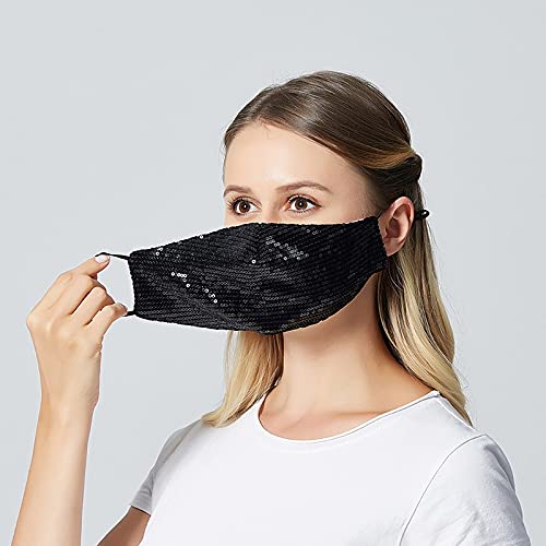 Zehope Sparkly Sequin Mouth Cover Black Reusable Bling Masquerade Mouth Covers Ball Party Nightclub Dancing Shinny Mouth Cover Adjustable for Women and Girls 12 Black - BeesActive Australia
