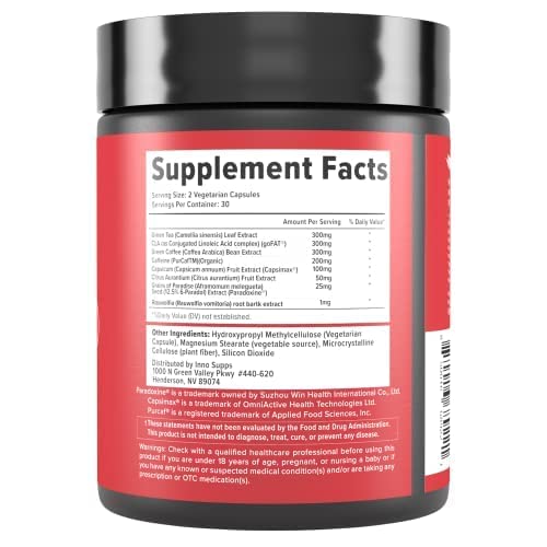 Inno Shred - Day Time Fat Burner | 100mg Capsimax, Grains of Paradise, Organic Caffeine, Green Tea Extract, Appetite Suppressant, Weight Loss Support (60 Veggie Capsules) | (with Stimulant) - BeesActive Australia