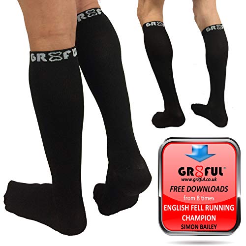 gr8ful® Compression Socks for Men & Women | Fab for Running, Calf Injury, Shin Splints, Achilles Tendonitis, Travel & Pregnancy | Reduce Swelling + Pain, Aid Recovery. Black, 15-20mmhg, 1 Pair L/XL 1 Pair - L/XL - BeesActive Australia