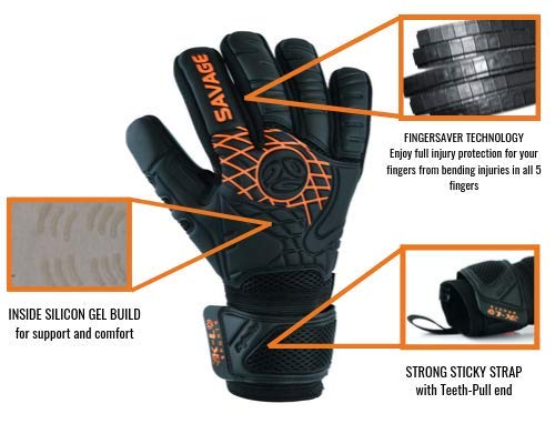 K-LO Fingersave Goalkeeper-Soccer Goalie Gloves- Savage Blackout-Professional Extra Precision Grip, German Latex Build-Negative Cut, Inside Silicone Gel, Non-Slip-Youth-Kids + Adult Sizes-Black Black and Orange 5 - BeesActive Australia