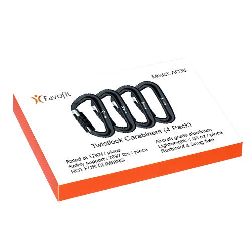 Favofit Auto Locking Carabiner Clips, 4 Pack, 12KN (2697 lbs) Heavy Duty Caribeaners for Camping, Hiking, Outdoor & Gym etc, Twistlock Carabiners for Dog Leash & Harness, Black - BeesActive Australia