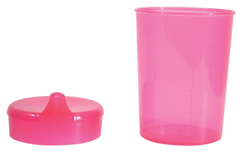 Drinking/Feeding Cup with 2 Spouts and graduated measurements on Side. Narrow Spout for drinking Liquids, Wider Spout for more Solid or Blended Food. Easy to hold and use. Reduces risk of Spillage. Pink 1 Count (Pack of 1) - BeesActive Australia