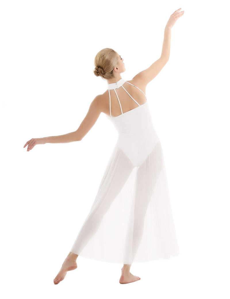 [AUSTRALIA] - ACSUSS Lyrical Women Adult Mock Neck Dance Dress Ballet Leotard Flowy Maxi Skirt White Small 