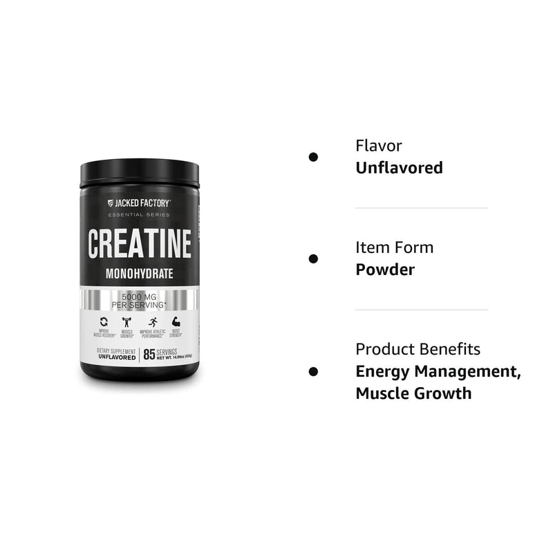Jacked Factory Creatine Monohydrate Powder 425g - Creatine Supplement for Muscle Growth, Increased Strength, Enhanced Energy Output and Improved Athletic Performance 85 Servings, Unflavored Powder - 85 Servings - BeesActive Australia