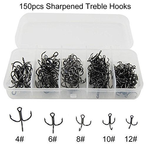 [AUSTRALIA] - JL Sport Easy Catch 150pcs/box Extra SharpTreble Hooks High Carbon Steel Classic 3551 Size 4 6 8 10 12 Round Bend Classic Fishing Treble Hooks Fish Hooks Set 