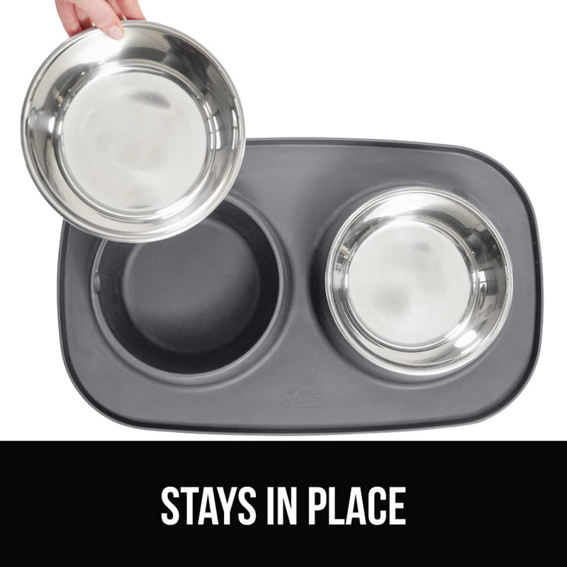 Gorilla Grip Slip Resistant Pet Bowls and Silicone Feeding Mat Set, Catch Water and Food Mess, Raised Edges for No Spills, Stainless Steel Cat and Dog Dish Bowl, Patent Pending Design 2 Cup Gray - BeesActive Australia