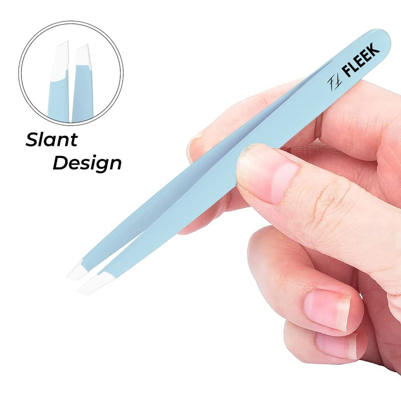 Fleek Eyebrow Tweezers Professional Best Stainless Steel Precision Tweezers Slanted Tweezers for Facial Hair Women & Men (Sky Blue) Sky Blue - BeesActive Australia