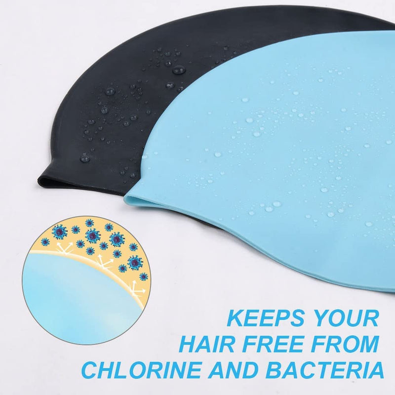 Silicone Swim Caps for Long Hair, 2PCS Cover Ears Swimming Caps for Adult Youths, Flexible Waterproof Swimming Caps for Men Women, Black+Blue - BeesActive Australia