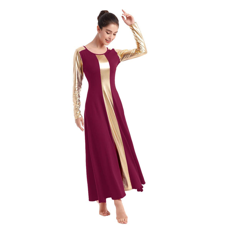 [AUSTRALIA] - IBAKOM Womens Liturgical Praise Worship Dance Dress Loose Fit Full Length Metallic Gold Color Block Tunic Dancewear Burgundy-gold Medium 