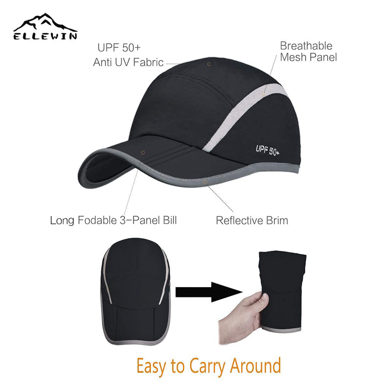 ELLEWIN Unisex Baseball Cap UPF 50 Unstructured Hat with Foldable Long Large Bill A- Reflective Black M/L - BeesActive Australia