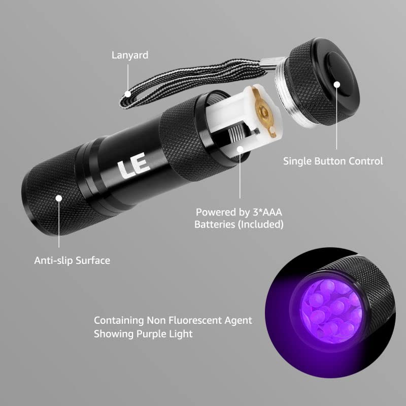 LE Black Light Flashlight, Small UV Lights 395nm, Portable Ultraviolet Light Detector for Invisible Ink Pens, Dog Cat Pet Urine Stain, AAA Batteries Included 1 - BeesActive Australia