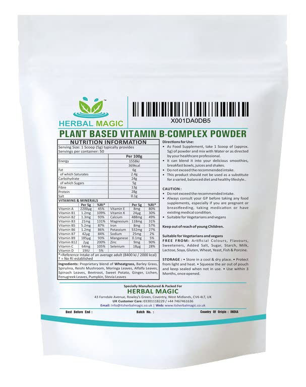 Herbal Magic's Pure & Natural Vitamin B-Complex Powder Full Spectrum - Made from 14 Types of Fruits, Vegetables & Herbs - UKAS LAB Tested in UK- No Fillers & Preservatives - 100g Vitamin B Complex Powder - Pack 1 - BeesActive Australia