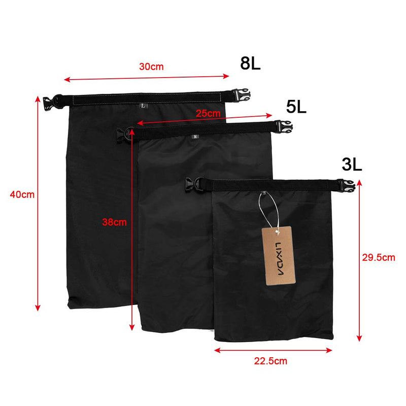 [AUSTRALIA] - Lixada Waterproof Dry Bags, 3/5 Pack Ultimate Dry Sack - 3L+5L+8L Lightweight, Roll Top Outdoor Dry Sacks for Kayaking Camping Hiking Traveling Boating Water Sports Black - 3pack 