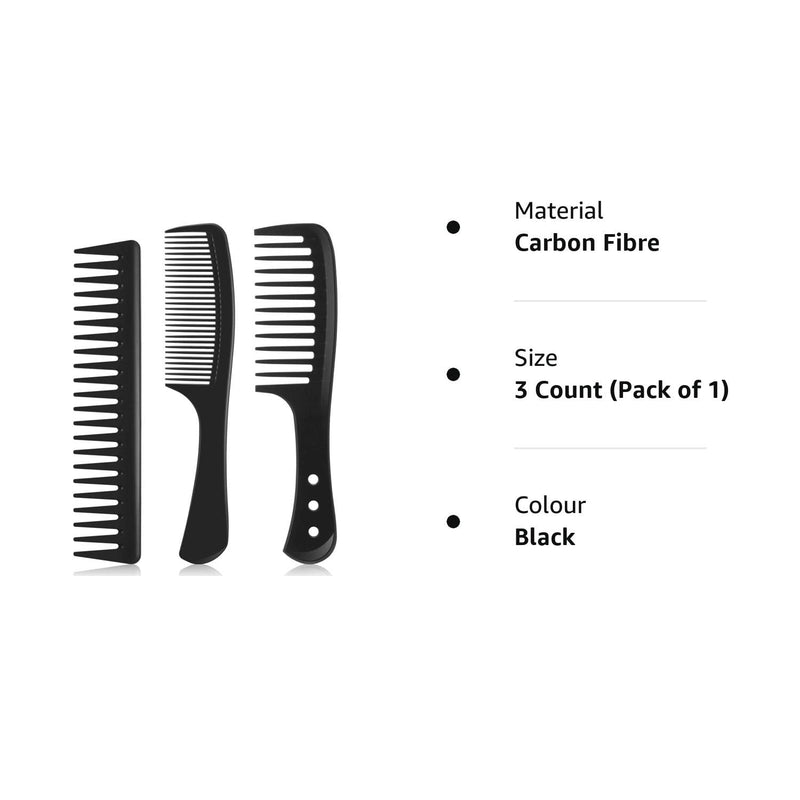 Wide Tooth Detangling Hair Comb Hair Styling Comb Set, Carbon Fiber Styling Cutting Comb Anti Static Heat Resistant Comb for Women Curly Straight Long Hair, Black, 3 pieces Classic - BeesActive Australia