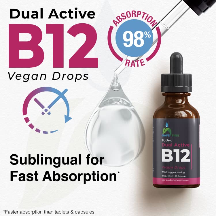 SafeFine Vitamin B12 Vegan Friendly Liquid Drops - 3000mcg - 60 ml Dropper Bottle - Supplement for Energy, Mood & Nerve Function - Sublingual and Dual Action for Fast Absorption - Gluten Free - BeesActive Australia