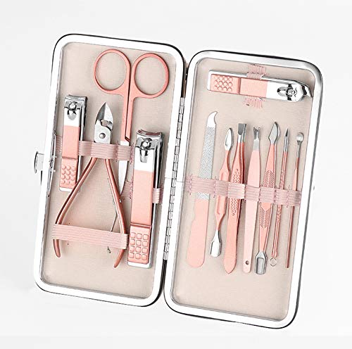 Manicure Set,Pedicure Kit Nail Scissors Stainless Steel Professional Toenails Cuticle Cutter Clipper Fingernails Grooming Kit with Pink Leather Travel Case (12pcs Pink) 12pcs Pink - BeesActive Australia
