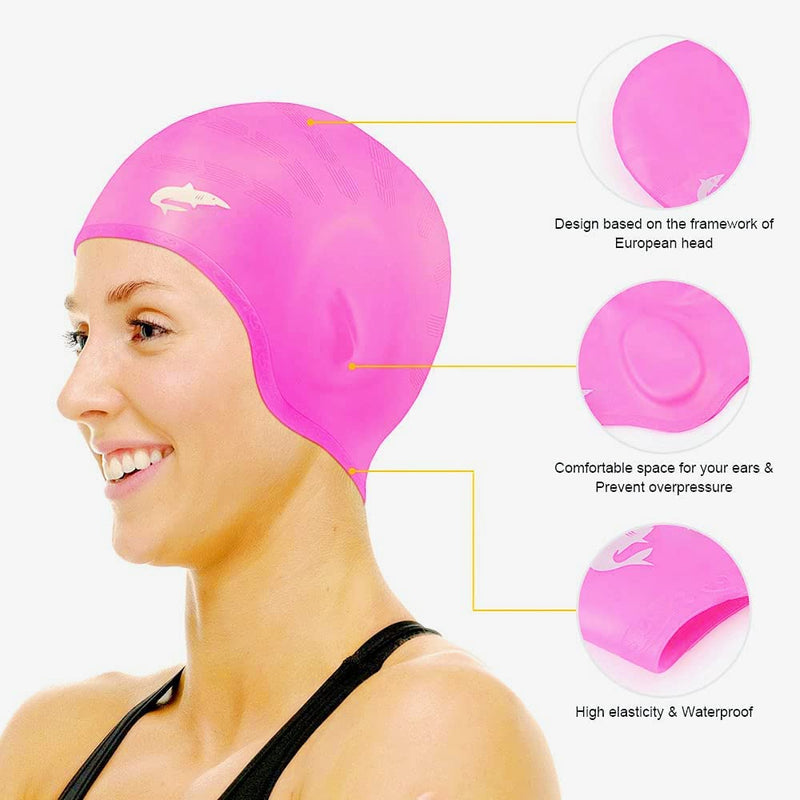 Silicone Swim Caps for Long Hair, Cover Ears Swimming Caps with 3D Ear Pockets or Adult Youths, Flexible Waterproof Swimming Caps for Women #2 Upgrade-rose red - BeesActive Australia