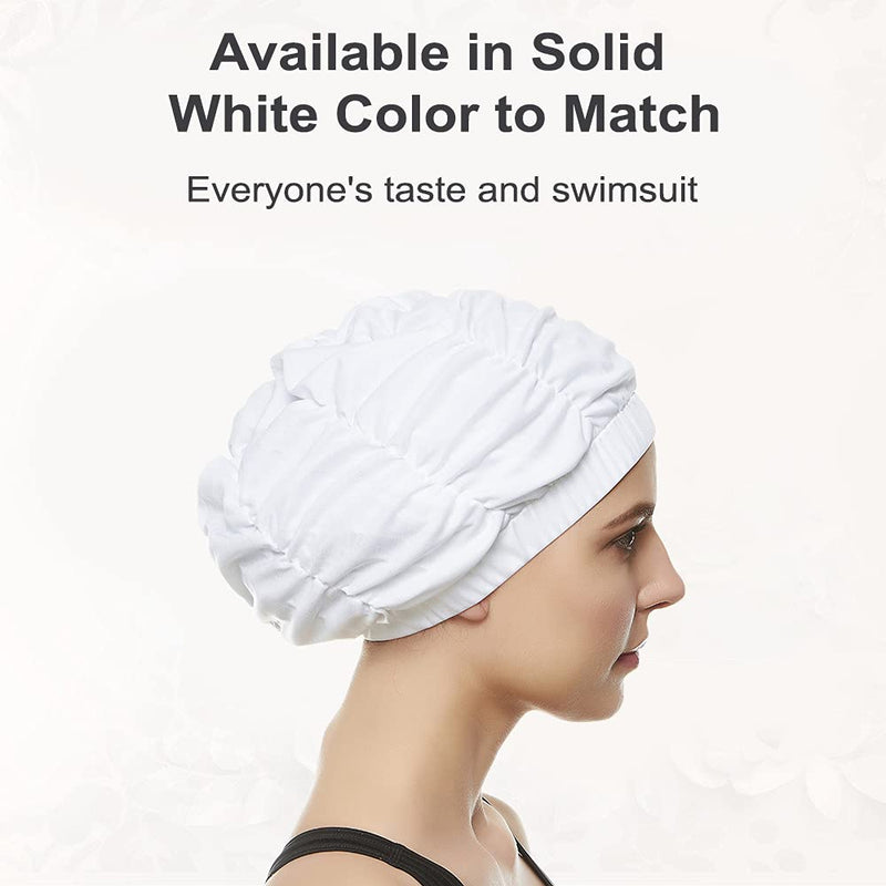 BEEMO Women’s Shower Cap – Shirred Retro Bathing Swim Turban Comfortable Stretch Polyester Turban with Waterproof Liner Protects Hair from Salt or Chlorine with Hidden Rubber Headband White - BeesActive Australia