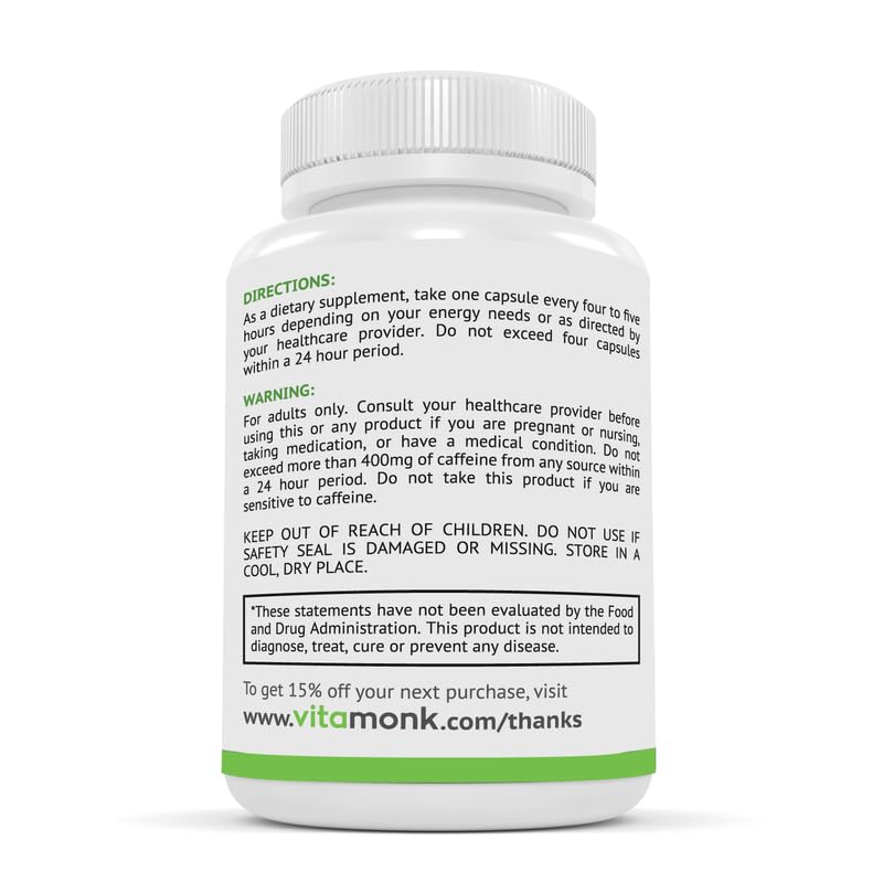 VitaMonk Low Dose Caffeine and Theanine - L Theanine Caffeine Pills - Microdose of L-theanine Caffeine Capsules - Time Release Caffeine Supplements - Caffeine L Theanine Pills - No Jitters - 60 Caps - BeesActive Australia