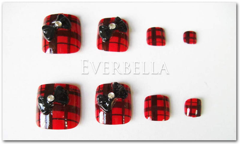 24 PCS Full Cover False Toe Tips (Red Tartan with Bow) - BeesActive Australia