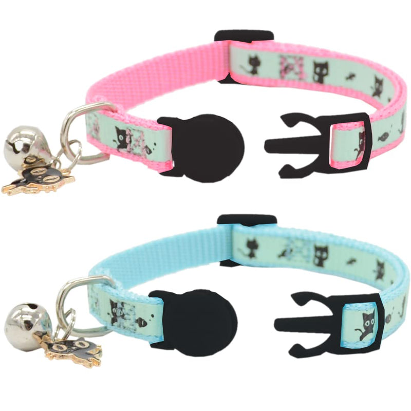 Barleygoo 2 Pack Glow in The Dark Cat Collar with Bell Breakaway Safety Cat Puppy Collars with Pendant Light Blue & Pink - BeesActive Australia