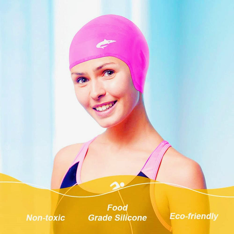 Silicone Swim Caps for Long Hair, Cover Ears Swimming Caps with 3D Ear Pockets or Adult Youths, Flexible Waterproof Swimming Caps for Women #2 Upgrade-rose red - BeesActive Australia