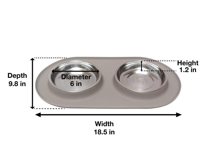 Messy Cats Double Silicone Feeder with Stainless Saucer Shaped Bowl | Anti-Slip Non-Skid Cat Food Bowls | Two Cat Bowls in Feeding/Water Station Grey - BeesActive Australia