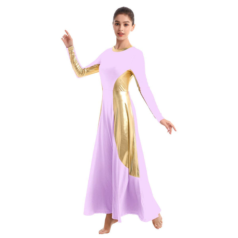 [AUSTRALIA] - IBAKOM Womens Praise Liturgical Dancewear Long Sleeves Dance Dress Metallic Gold Loose Fit Full Length Tunic Circle Costume Small Light Purple-gold 