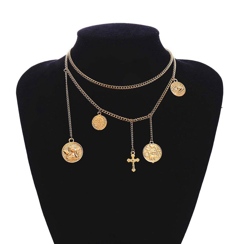 Jovono Multilayered Necklaces Cross Coin Pendant Necklace Chain Jewelry for Women and Girls (Gold) Gold - BeesActive Australia