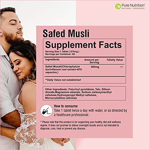 Pure Nutrition Safed Musli Root Extract 500mg (Asparagus Adscendens 40% Saponins) - 60 Veg Tab - Non GMO | Gluten Free - BeesActive Australia