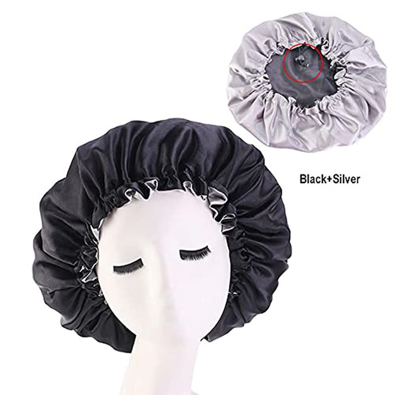 Women Double Layer Satin Bonnet Sleep Cap for Long Curly Hair 2 Color Reversible Adjustable Silky Satin Cap Extra Large (2PC-black+red) 2PC-black+red - BeesActive Australia